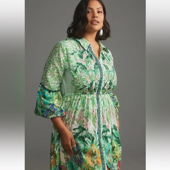 Anthropologie Eleanora Long-Sleeve Printed Maxi Shirt Dress green XL new!! - Picture 3 of 10